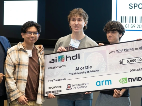 The competition's winning team, AI or Die, accepts a $5,000 check from Nvidia.