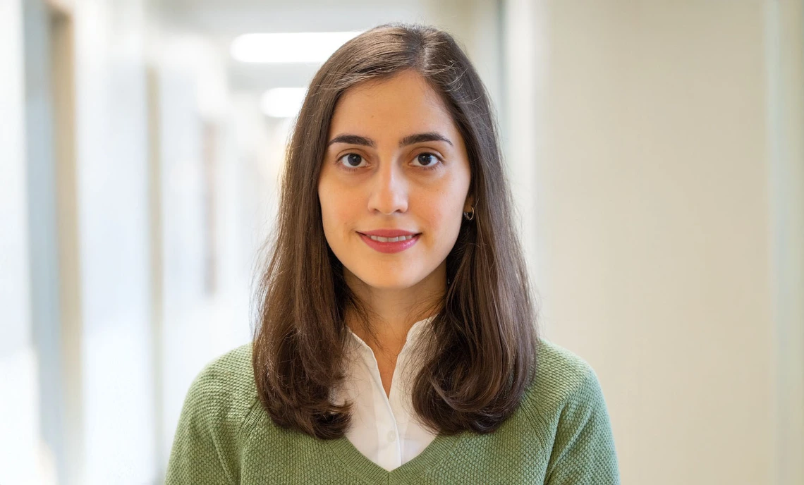A woman with brown hair wears a green shirt.