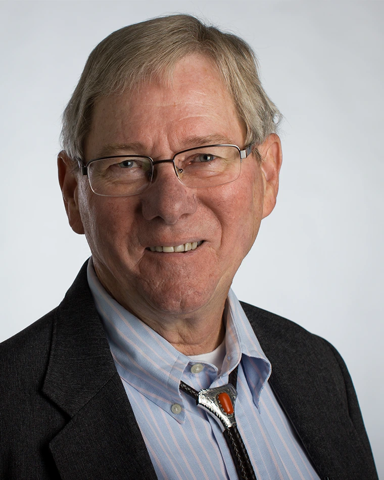 person wearing dark suit, striped shirt, bolo tie and glasses