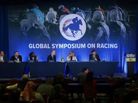 (From left) Ricardo Valerdi, Mike Novak, Zoë Nengite, Mark Midland, Dr. Dionne Benson, and Kyle McDoniel contribute to an artificial intelligence panel at the 2024 Global Symposium on Racing. (Credit: Race Track Industry Program/David Sanders)