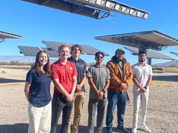 Team 25020 members (from left) Lauren Goodrich, Utah Bryant, Luke Lange, Abdulwahab Mohammad Al-Qenaei, Daniel Kaitel and Christian Alcaraz use equipment owned by sponsor Arzon Solar at the Solar Zone at UA Tech Park.