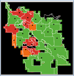 Map of Arizona with parts marked green (most common), red (second most common) and orange (least common).