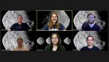Screenshot of students on an online video call, each with the asteroid Bennu set as a background.