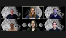 Six students on an online video call. All have the asteroid Bennu set as their backgrounds.