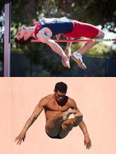 Top: Alumnus Edgar Rivera competing in the high jump; bottom: Rafael Quintero diving. Images courtesy of Arizona Athletics.