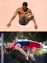 Top: Senior Rafael Quintero diving; bottom: alumnus Edgar Rivera competing in the high jump. Images courtesy of Arizona Athletics.
