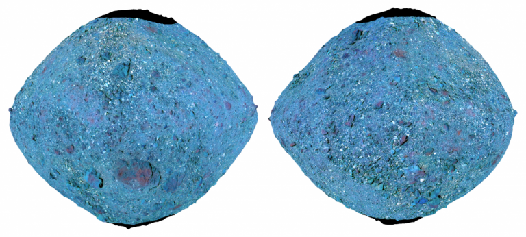 Two images of Bennu -- a top-shaped asteroid -- that are bright blue.