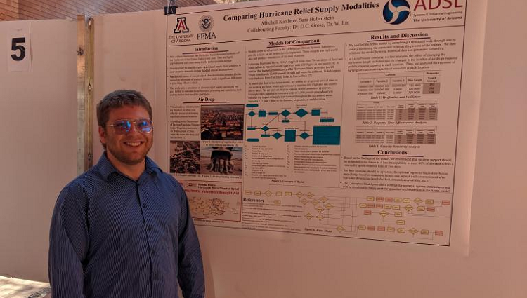 A student stands in front of an engineering poster